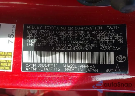 2008 Toyota Prius z USA, uszkodzony, nr VIN JTDKB20U587697539